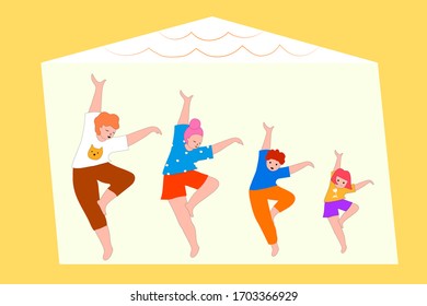 Beautiful Family dancing at home and during a coronavirus crisis. Covid-19 or coronavirus. Quarantine. The "stay at home" vector illustration.
