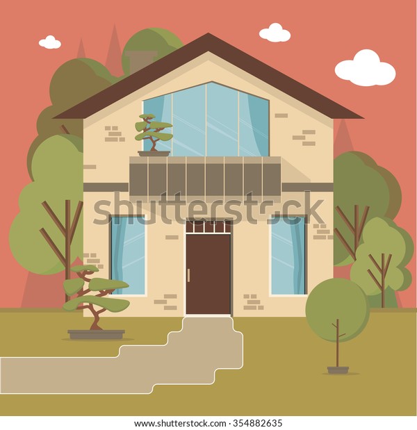 Beautiful family house and apartment banner\
on the nature background. Traditional and modern house. Flat design\
vector concept\
illustration.