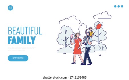 Beautiful family linear landing page for website design. Love, trust and care concept. Happy cartoon parents and son in summer park enjoying outdoor walk. Vector illustration