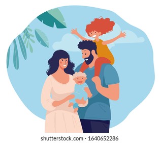 Beautiful family with two children on a natural background. Happy mom and dad with their children. Flat cartoon vector illustration isolated on white background