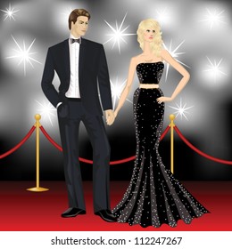 Beautiful Famous Hollywood Couple, Fashion Woman And Elegant Man On Red Carpet