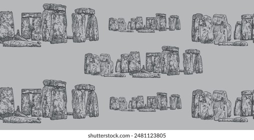 Beautiful famous stonehenge megalithic structure seamless pattern over grey background
