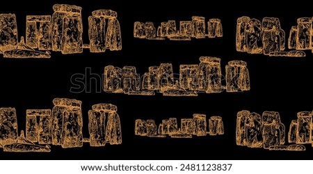 Beautiful famous stonehenge megalithic structure golden seamless pattern over black background