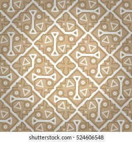 Beautiful fancy seamless pattern background in primitive style. Colorful, graphic design for textile, packing-paper, fabric or other purpose. Classic design. Knotty puzzle repeatable backdrop.