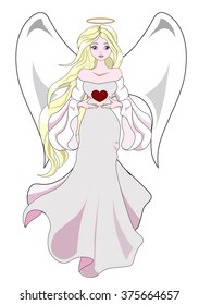 The beautiful fantastic angel, the blonde holds in hand heart, a Valentines Day card