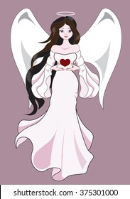 The beautiful fantastic angel, the brunette, holds in hand heart, a Valentines Day card