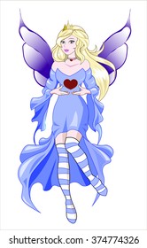 The beautiful fantastic fairy, the blonde, holds in hand heart, a Valentines Day card