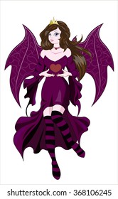 The beautiful fantastic fairy devil, black, the brunette, holds in hand heart, a Valentines Day card