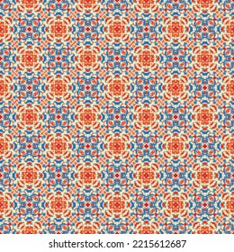 beautiful fantastic red and blue abstract blossom mandala seamless pattern background, illustration art ornamental fabric ethnic backdrop creative.