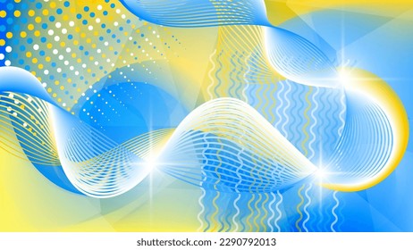 Beautiful fantastic wallpaper in yellow-blue tones. Flashes of light, intertwining wavy lines against a backdrop of overlapping abstract shapes and mixing colors. Vector.