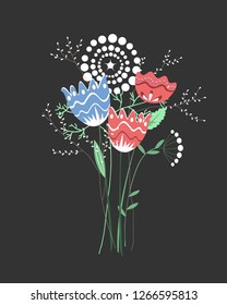 Beautiful fantasy bouquet with hand drawn flowers, plants, branches. Bright colorful vector illustration.