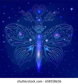 Beautiful fantasy butterfly with deer antlers and human eyes on its wings in shiny galactic space, glowing lights of stars in the mystical night sky background. Great as t shirt, tattoo, poster print