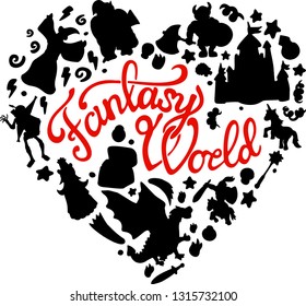 Beautiful fantasy collection with different creatures and heroes black silhouettes on white background