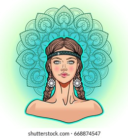 Beautiful fantasy fashion girl  with braids portrait and floral mandala. Isolated, hand drawn vector image.