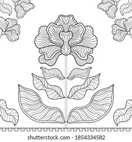 Beautiful fantasy flower with wavy patterns and leaves on white isolated background. Suitable for coloring book pages.