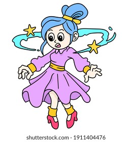 beautiful fantasy kawaii doodle drawing of a woman flying with personal powers, vector illustration art