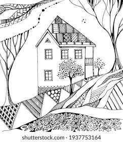 Beautiful fantasy landscape with house and trees. Black and white hand drawn illustration. Coloring book.