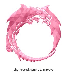 Beautiful fantasy low poly vector frame with colorful pink decorative dragon silhouette isolated on the white background