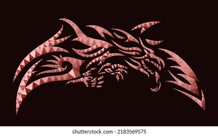 Beautiful fantasy low poly vector illustration with colorful red decorative dragon isolated on the dark background