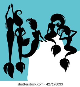 beautiful fantasy mermaids in elegant passionate poses in black silhouette