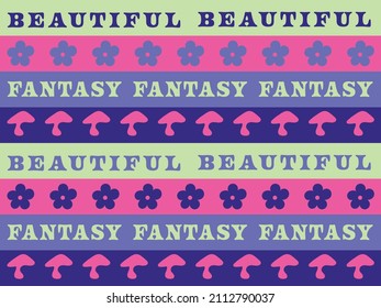 Beautiful Fantasy Mushroom Floral Cool Funky Retros Punk Goth Stripe Text Typography Seamless Pattern