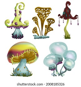 Beautiful fantasy mushrooms set. Groups of decorative mushrooms. Colorful Magic Mushrooms Collection