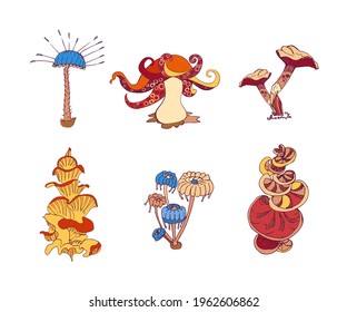 Beautiful fantasy mushrooms set. Magic mushrooms of various shape, unusual nature elements. Vector illustration