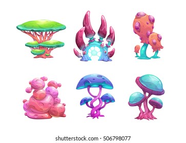 Beautiful fantasy mushrooms set. Vector magic unusual nature elements, isolated on white.