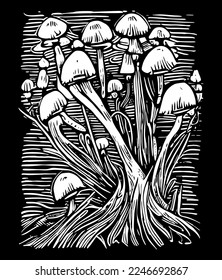 Beautiful fantasy mushrooms. Vector space the mushrooms. magic mushrooms illustration in lino print style. classic symbol