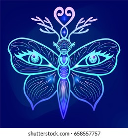 Beautiful fantasy neon butterfly with deer antlers and human eyes on its wings in deep blue night sky background. Hand drawn design for t shirt, tattoo, textile, fabric, stickers or poster print
