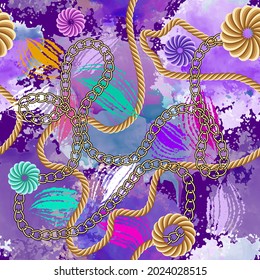 Beautiful fantasy ornaments. Textured bright floral seamless pattern. Modern colorful dirty background. Repeat vector backdrop. Hand drawn doodle shapes, watercolor splashes, flowers, ropes, chains.