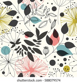 Beautiful fantasy seamless pattern. Decorative vector background with flowers and leaves. Abstract graphic texture