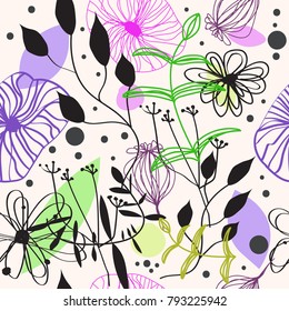 Beautiful fantasy seamless pattern. Decorative vector background with flowers and leaves.