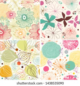 Beautiful fantasy seamless patterns. Decorative vector set of backgrounds with flowesr and leaves. Abstract graphic textures