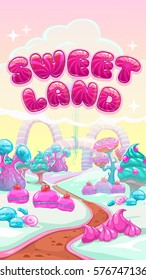 Beautiful fantasy sweet world background. Game title screen. Candy land vector illustration.