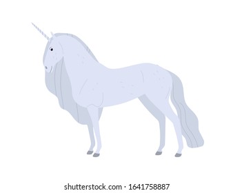 Beautiful fantasy white unicorn vector flat illustration. Cartoon magical mythical creature horse with horn isolated on white background. Fairy tale horned animal character