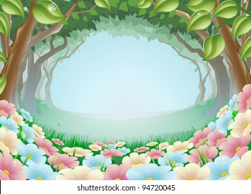 A beautiful fantasy woodland forest scene illustration