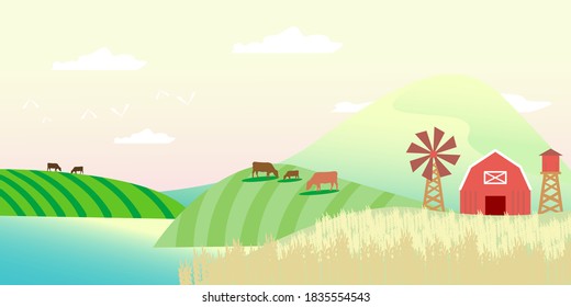 Beautiful Farm, Bright Sky, Farm with Cows, Blue Lake