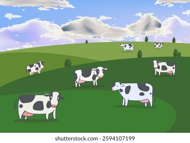 Beautiful farm landscape with cows, calfs, cattles vector illustration. Vintage villagge animal rural farming background.