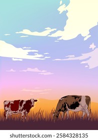 Beautiful farm landscape with cows hand drawing sketch vector illustration. Vintage villagge animal rural farming background.