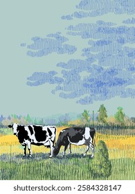 Beautiful farm landscape with cows hand drawing sketch vector illustration. Vintage villagge animal rural farming background.
