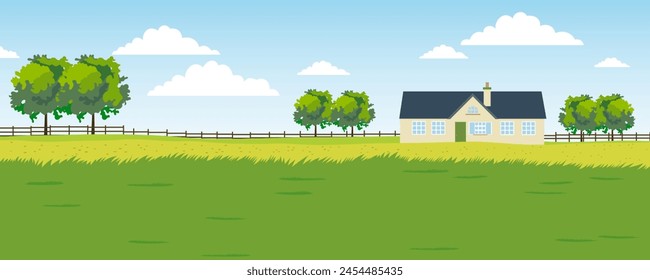 Beautiful farm landscape with fields, meadows, trees, cute farmhouse, wooden fence for livestock, against the backdrop of a summer blue sky with clouds. Vector illustration for design.