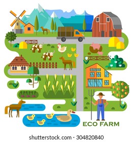 Beautiful farm scene. Abstract map of farm, with corn field, barn, truck, pond with ducks, cows, horses, pigs, and the farmer. Elements useful for agriculture infographic. Flat style. Vector file is E