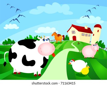 Beautiful farm surrounded by fields with grazing animals, vector