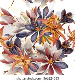 Beautiful fashion art pattern with crocus flowers in grunge style