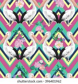 Beautiful fashion background with flowers and pelicans, textile design, print fabric.