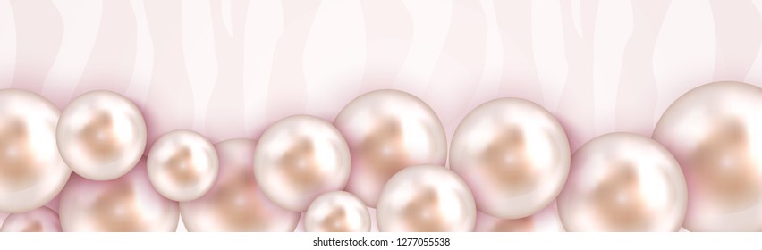 Beautiful Fashion banner with Realistic 3d Pearls Pastel Pink color. Sea perla, sphere or circle lens. Glossy layout decor. Happy Valentine's, Mother's Day, Sale background. Vector illustration
