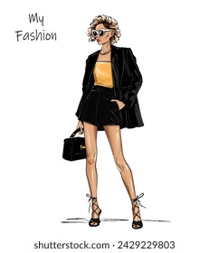 Beautiful fashion blond hair woman in sunglasses. Woman holding bag. Fashion outfit. Vector illustration