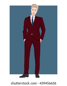 Beautiful fashion blond man with smile on face in burgundy leisure suit,vector