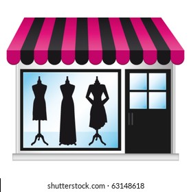 Beautiful fashion boutique with clothes in the shop window. Vector illustration.